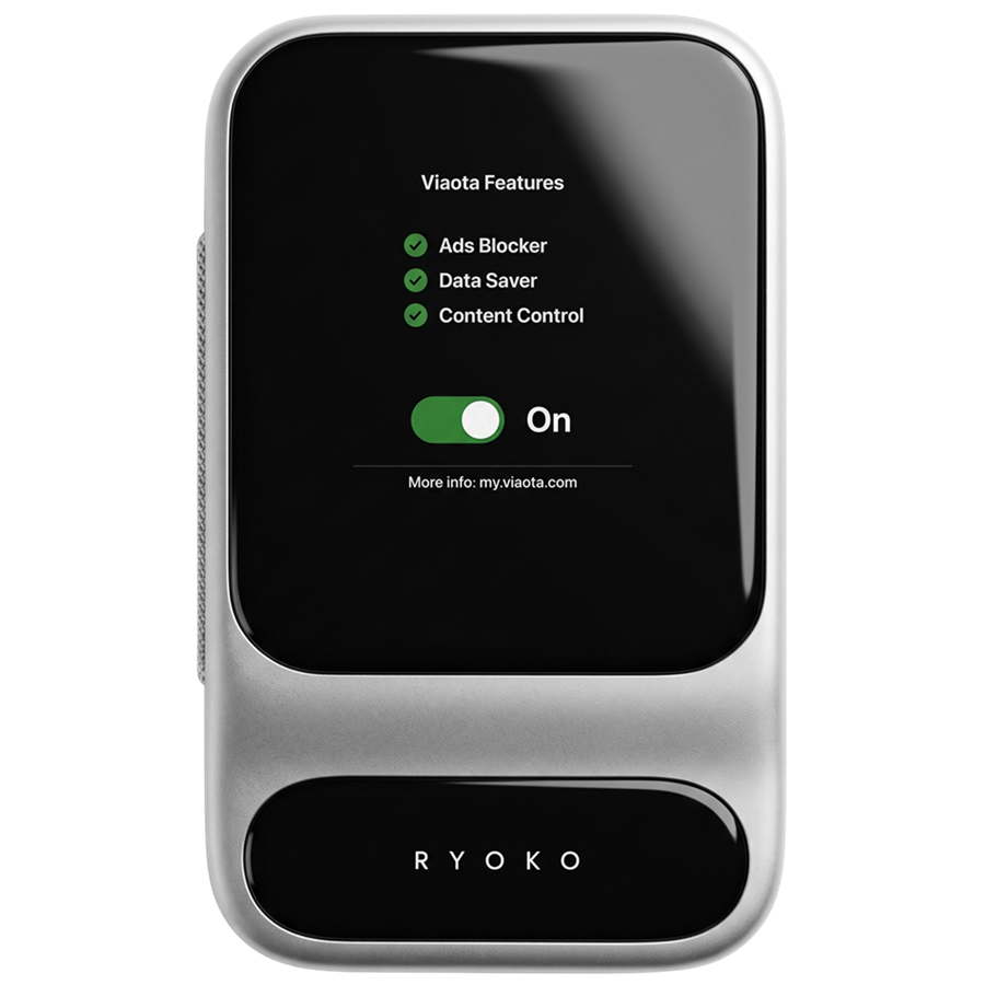 Ryoko portable WiFi router screen showing the Ad Blocker, Data Saver and Content Control features