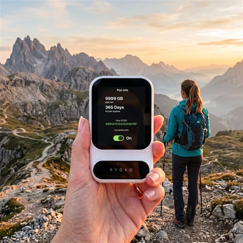 Ryoko portable WiFi router turned on and connected in the mountains