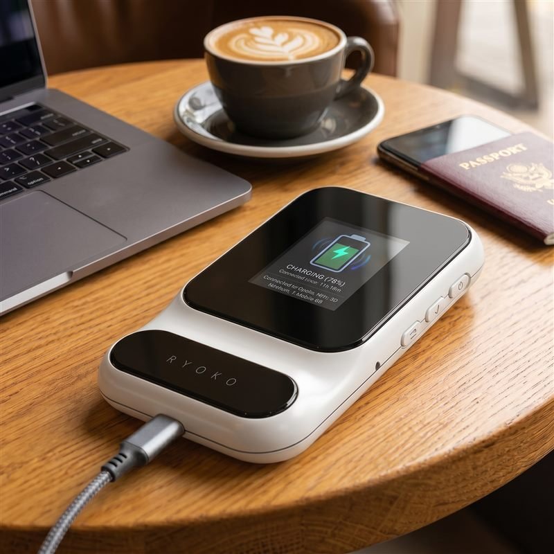 Ryoko portable WiFi router charging over USB-C on a cafe table