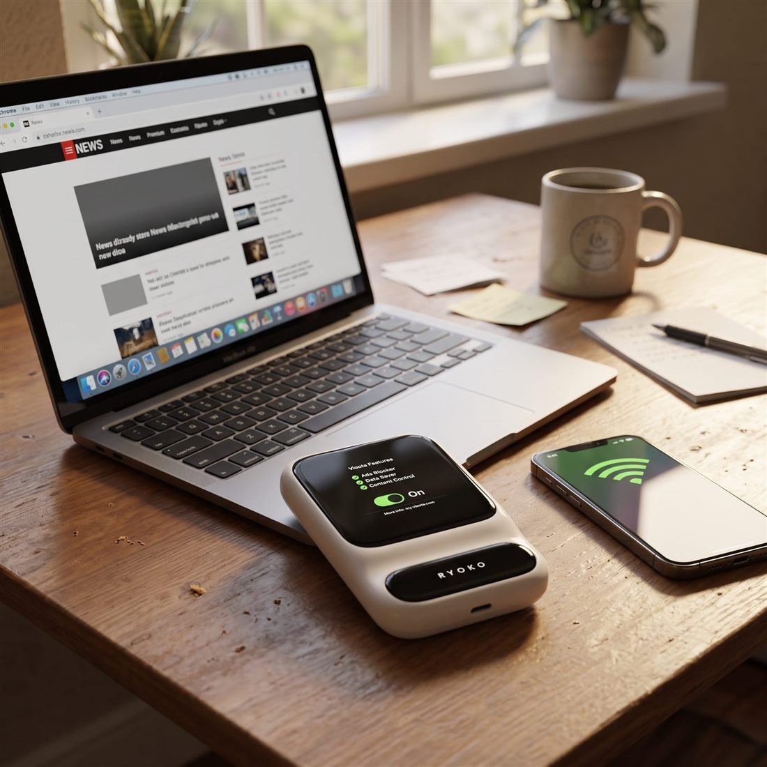 Ryoko Router connected to a laptop and a smartphone on a desk