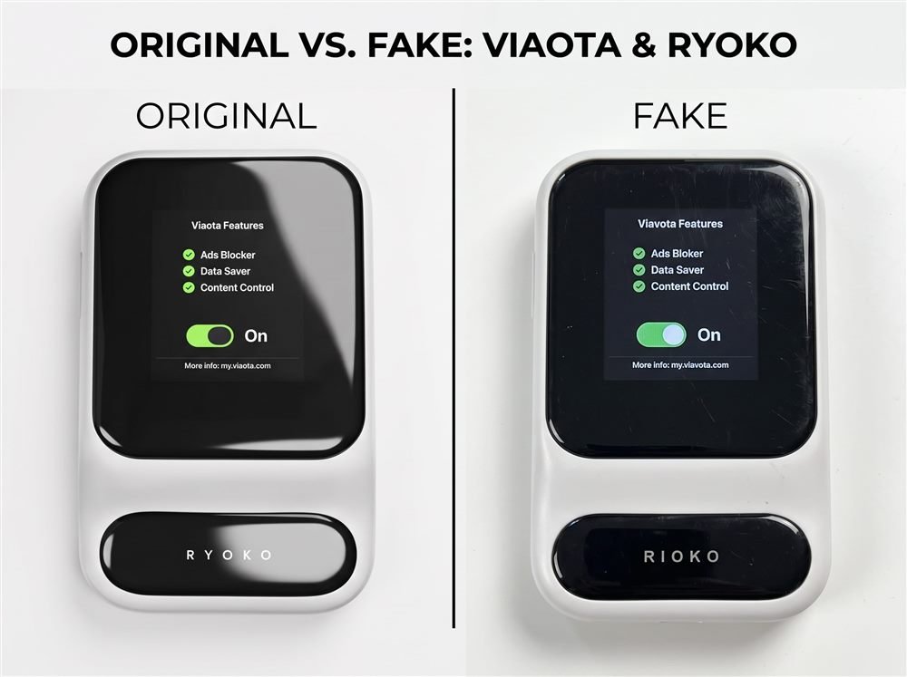 Ryoko Pro original unit compared side by side with a fake portable WiFi router