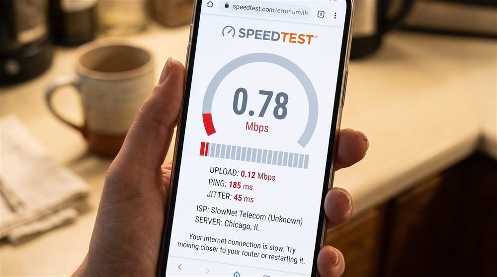 Speed test showing a slow result on typical public WiFi
